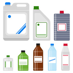 Household, construction chemicals, set of plastic bottles, solvent, white spirit, acetone, paint thinner, isolated on white background, vector illustration
