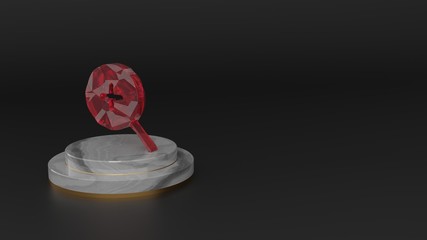 3D rendering of red gemstone symbol of magnifier zoom in icon