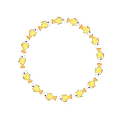 Round frame of watercolor yellow fish on a white background