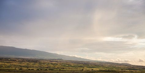 Beautiful panorama: wide flat country with a sloping hill and gentle clouds in warm evening light