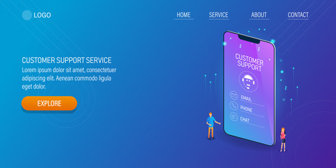 Customer support service, online help desk app, customer interacting with digital assistant on mobile device. Isometric design, web banner.
