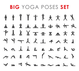Big yoga poses asanas icons set. Vector illustrations. For logo yoga branding. Yoga people infographics. Stick figures. Pilates stretch gymnastics fitness poses - obrazy, fototapety, plakaty