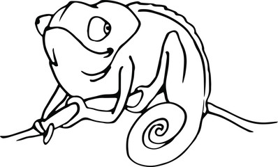 smiling chameleon sitting on a branch vector illustration with black contour lines isolated on white background in hand drawn style