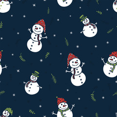 Fun and cute hand drawn snow mans seamless pattern, winter themed backdrop - great for textiles, wrapping, banners, wallpapers, vector design