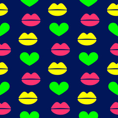 Flat seamless pattern with lips and hearts. Romantic regular print. Simple vector illustration.