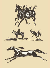 Abstract colored silhouettes of galloping horses on a white background