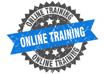 online training grunge stamp with blue band. online training