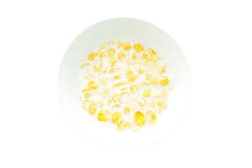 cereal with milk in a white plate for breakfast, space for text, isolate