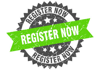 register now grunge stamp with green band. register now