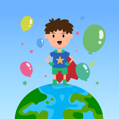 World Children's Day. a boy standing on earth wearing a superman-like shirt with a balloon around him