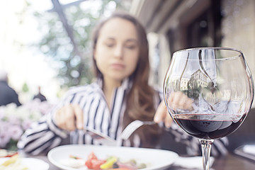 red wine lunch girl cafe lifestyle, summer outdoor restaurant, mediterranean food