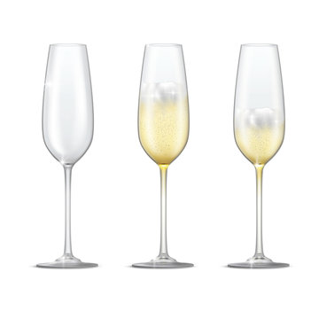 Realistic vector set of sparkling champagne glasses. Empty glass, full and half full champagne glass.