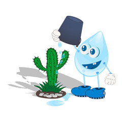 cartoon droplet with eyes and boots pouring cactus from a bucket of water
