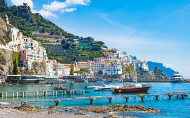 Beautiful seaside town Amalfi in province of Salerno, Campania, Italy. Amalfi coast is popular...