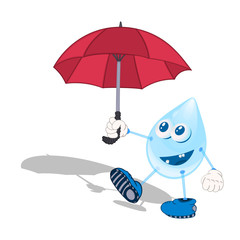 cartoon droplet with eyes and boots walking and holding a red umbrella in hand