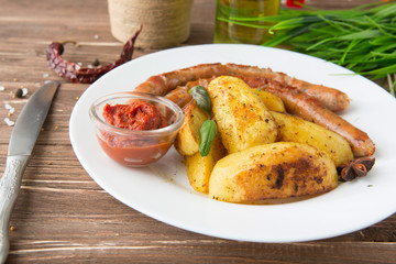 Grilled sausages with herb potatoes and ketchup, tasty summer picnic dish, sausages on skewers a dark wooden background