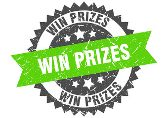 win prizes grunge stamp with green band. win prizes