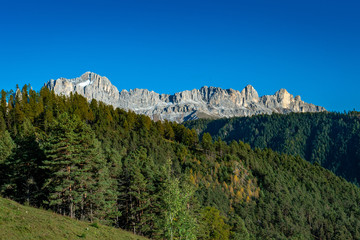 Fototapeta premium Panoramic view of the Rosengarten alpine mountain group near Tiers in South Tyrol