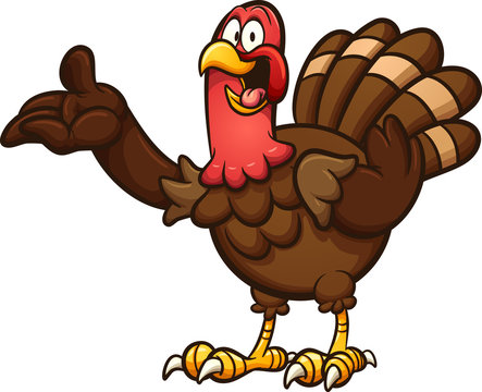 Happy cartoon turkey showing off something clip art. Vector illustration with simple gradients. All in a single layer. 