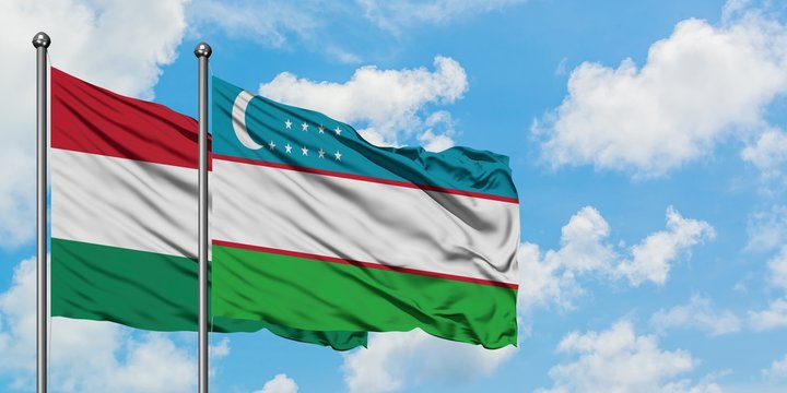 Hungary and Uzbekistan flag waving in the wind against white cloudy blue sky together. Diplomacy concept, international relations.