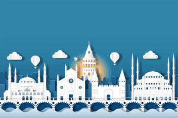 Travel turkey architecture of istanbul landmark in turkey cityscape and the river with panoramic views , origami style paper for travel postcards, Vector illustration.