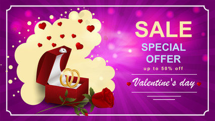 Special offer Valentines day discount up to fifty percent pink banner casket with wedding roses and next to the flower lies a red rose