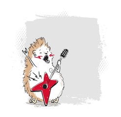 Funny cartoon rock star hedgehog with guitar. Vector illustration