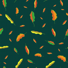 Orange, red and golden leaves in loose scattered design.Seamless vector pattern on rich green wicker textured background. Great for wellbeing products, packaging, textile, scrapbooking, giftwrap