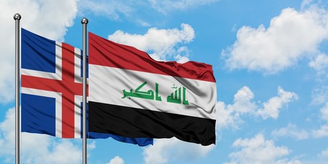 Iceland and Iraq flag waving in the wind against white cloudy blue sky together. Diplomacy concept, international relations.