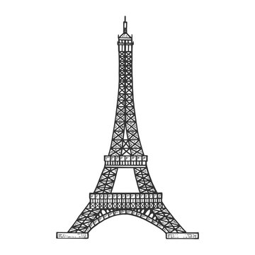 Eiffel tower sketch engraving vector illustration. Scratch board style imitation. Black and white hand drawn image.