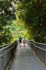 Fototapeta na wymiar young couple walking on metal bridge on the Southern Ridges trail in Singapore