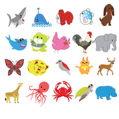 types of cartoon animals that live in water and on land  like shark,fish,dog,butterfly,crab,deer,bird,,chicken
