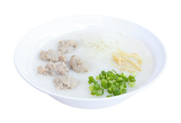 Bowl of chinese pork rice porridge with onion ginger rice noodle.