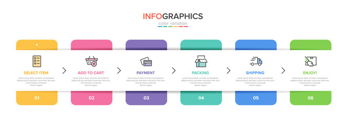 Concept of shopping process with 6 successive steps. Six colorful graphic elements. Timeline design for brochure, presentation, web site. Infographic design layout.