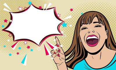 Beautiful young laughing girl shows a finger at an important announcement. Woman painted in pop art style. Vector.
