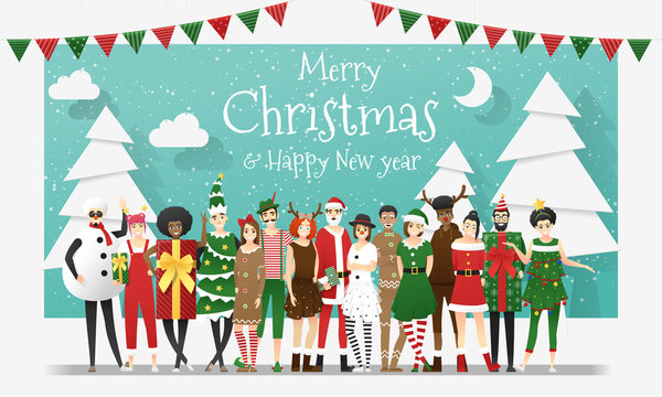 Merry Christmas and Happy New Year, group of teens in Christmas costume concept , vector, illustration