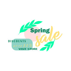 Business icon for online magic - spring shopping, seasonal sales up to 50%. Stylish logo with leaves and a beautiful trendy print