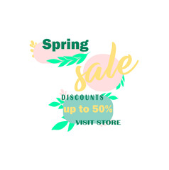Spring sale - discounts up to 50%, visit the store. Vector advertising template for online stores. Shopping day - seasonal discounts. Flat trend vector design closeup isolated