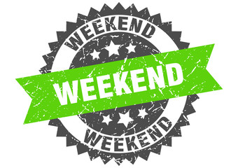 weekend grunge stamp with green band. weekend