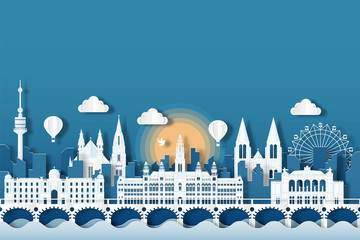 Travel Austria architecture of Austria landmark cityscape and the river with panoramic views , origami style paper for travel postcards, Vector illustration.