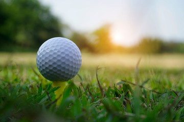 Golf ball on tee in beautiful golf course