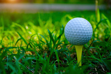 Golf ball on tee in beautiful golf course.