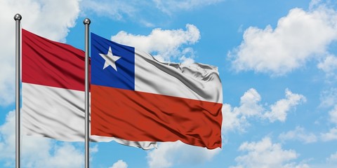 Iraq and Chile flag waving in the wind against white cloudy blue sky together. Diplomacy concept, international relations.