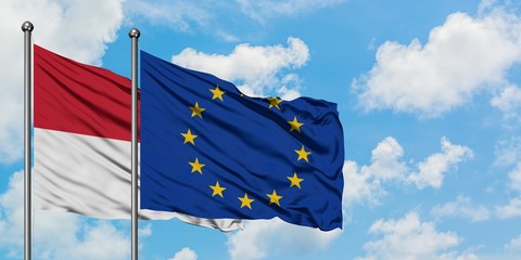 Iraq and European Union flag waving in the wind against white cloudy blue sky together. Diplomacy concept, international relations.