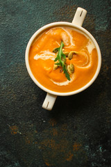 pumpkin soup (first course, delicious vegetable vitamin food) menu concept. food background. copy space. Top view