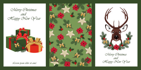 Set of vector illustrations for the holiday of Christmas and New Year. Gifts, deer, christmas wreath. Design elements for greeting cards, flyers, banners.