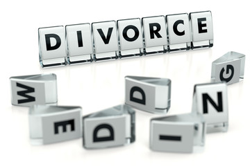 DIVORCE word written on glossy blocks and fallen over blurry blocks with WEDDING letters. Quick wedding, fast divorce - concept. Illustration for articles, vlogs or magazines. 3D rendering
