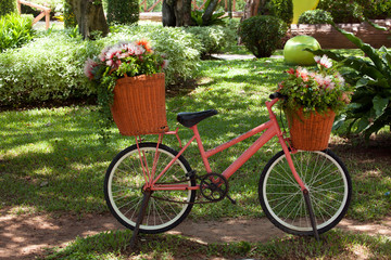 Fototapeta na wymiar Bicycles decorated with flowers in the garden