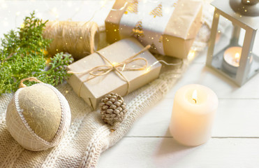 Zero waste eco-friendly Christmas New Year presents wrapping gift boxes in brown paper tied with...