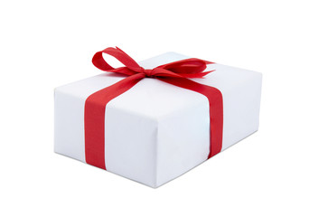 White gift box and red ribbon in season Christmas and new year isolated on white background, luxury present for birthday or anniversary with surprise in package for happy, holiday concept.